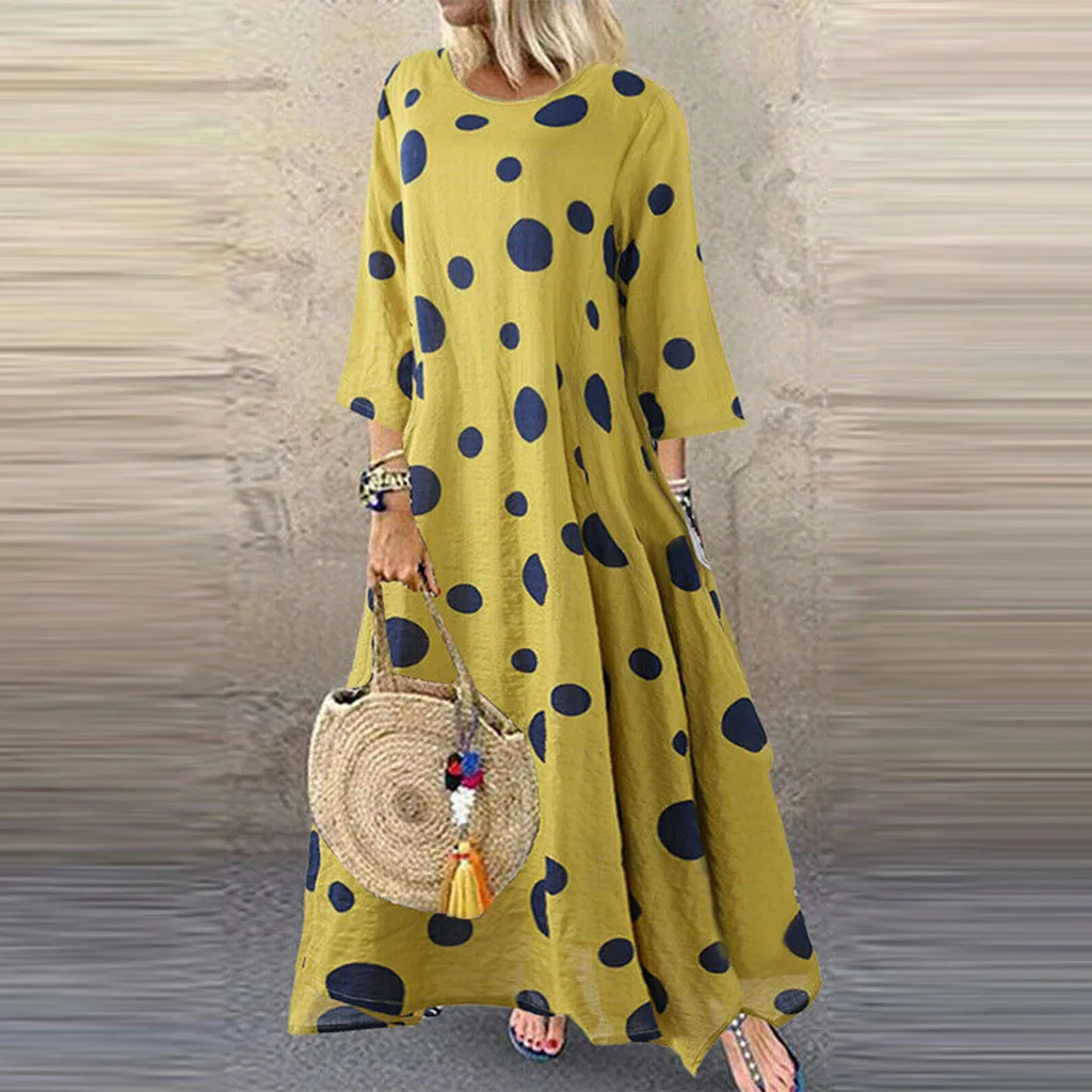 

Vintage Fashion Women Dress Plus Size Casual O-Neck Long Sleeve Clothes New Dots Loose Swing Dress robe longue boheme chic