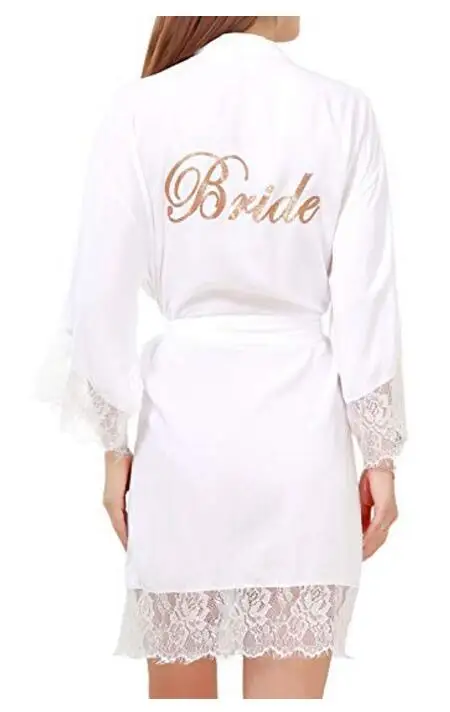 

Women's Lace Trim Kimono Female Robe Nightwear Nightgown Sleepwear Satin Short Robe Bride Glitter Customized Silk Robe