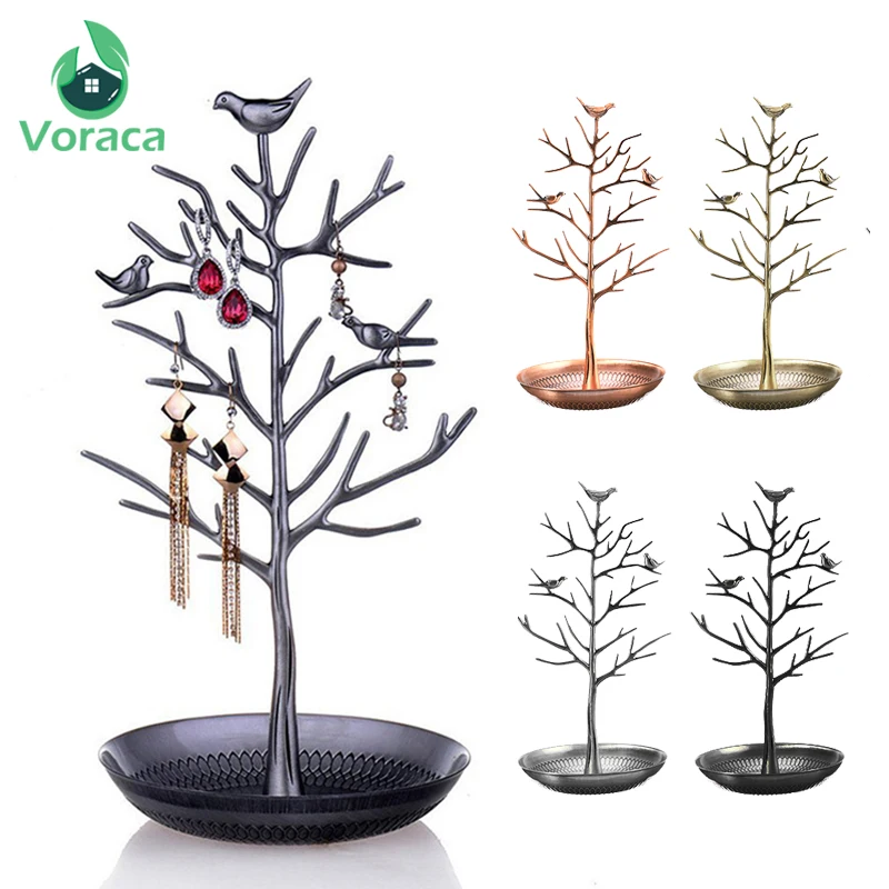 

Bird Tree Jewelry Rack Bronze Metal Decorative Shelves Hanging Holder Multifunction for Earring Watch Bracelet Necklace Storage