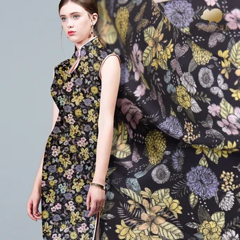 

Digital inkjet silk heavy satin fabric 30mm glossy cheongsam dress silk fabric wholesale silk cloth 114cm