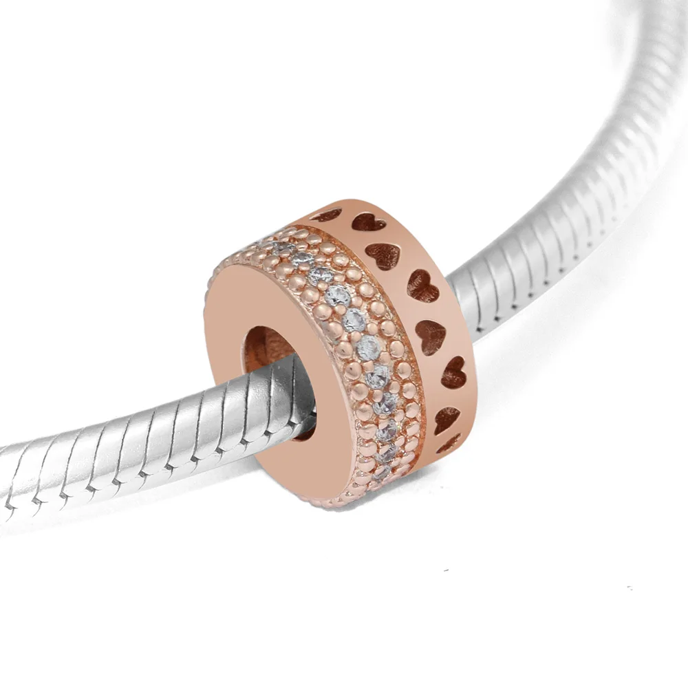 

Rose Golden Hearts Spacer Beads for Women Charms Bracelets Clear CZ Silver 925 Jewelry Crystal Stones Beads for Jewelry Making