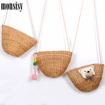 

Monsisy Straw Bag Girl Rattan Hobos Kawaii Summer Smile Tassle Bear Kid Shoulder Bag Straw Toddler Baby Infant Handbag Beach Bag