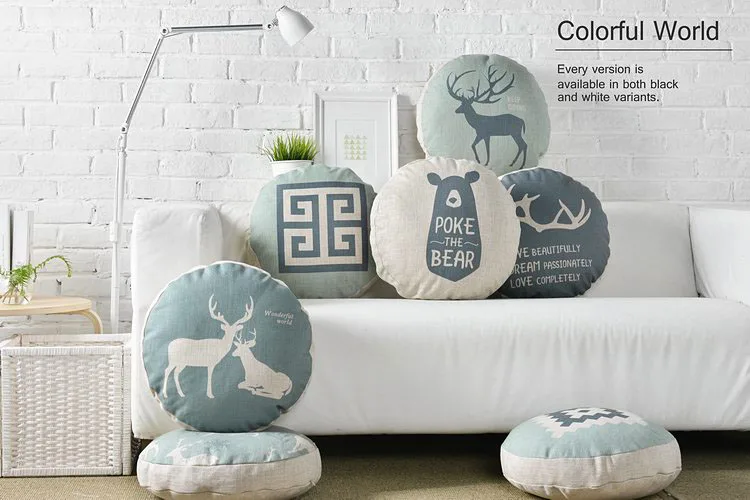 

45CM Round Pillows Cover Nordic Style Cushion Cover Grey Deer Forest Decorative Pillow Case Geometric Linen Cotton Cushion Cover