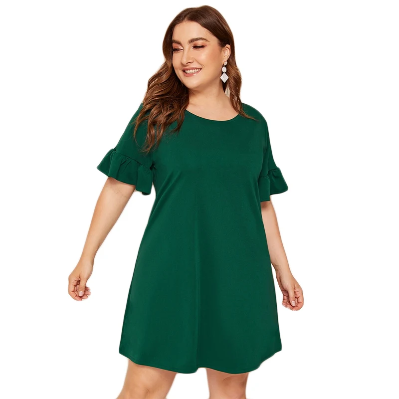 Sheinside плюс размер зеленое повседневное прямое платье женское Летнее мини-платье с коротким рукавом женское однотонное платье с v-образным вырезом сзади