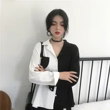 Корейский шик стиль Черный Белый контрастный цвет Топы женские Harajuku мода с длинным рукавом винтажные рубашки воротник OL женская блузка