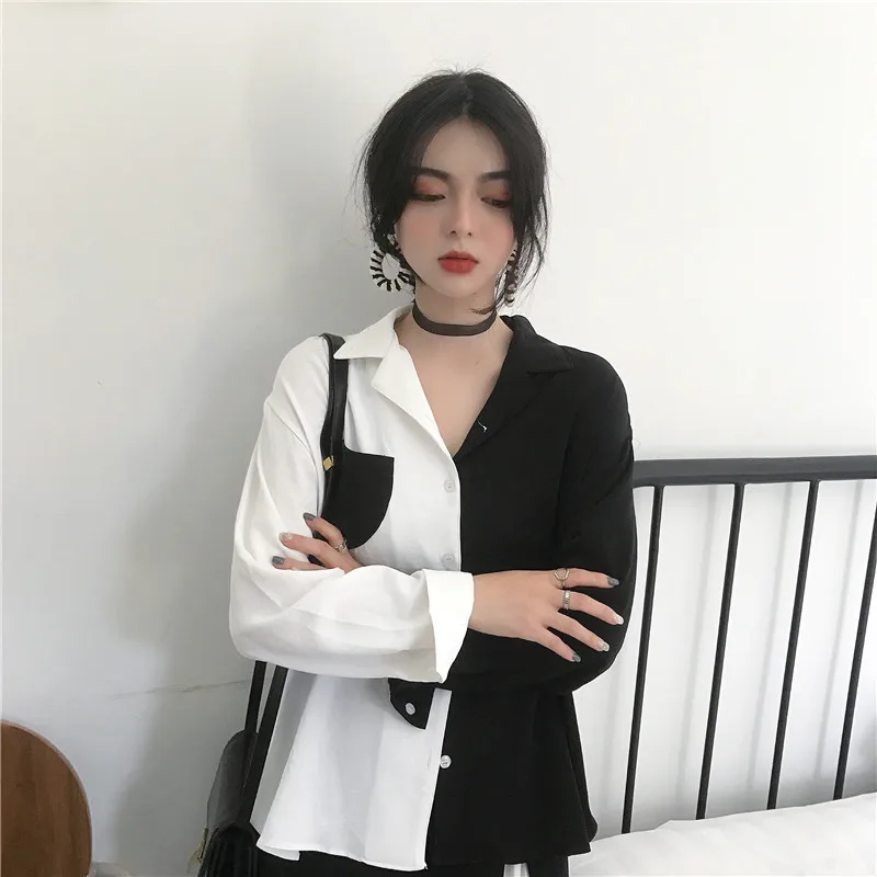 Online Coreano estilo Chic negro blanco contraste Color Tops mujer Harajuku moda manga larga Vintage camisas cuello OL señoras blusa
