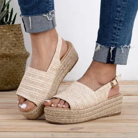 

Puimentiua Women Sandals Retro Platform Sandals High Heels Wedges Summer Buckle Shoes For Women Plus Size 43 Hemp Zapatos Mujer