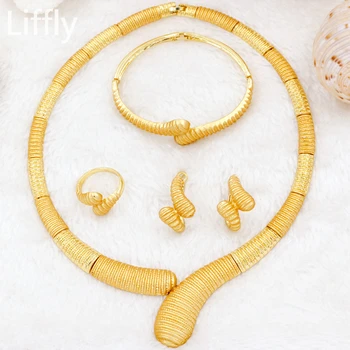 

LIFFLY Fashion Design D Gold Jewelry Sets Necklace Ring Earrings Arab Charm Bride Wedding Jewelry Accessories