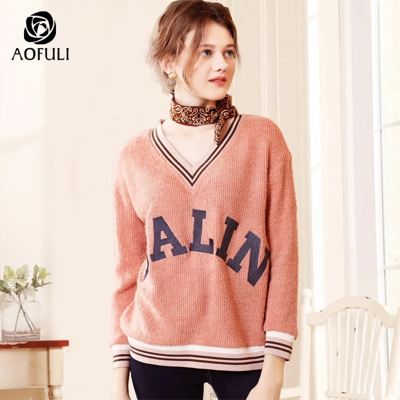 Женский вязаный свитер AOFULI L-XXXL 4XL 5XL большого размера с v-образным вырезом