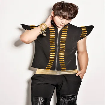 

R67 Male singer stage wears vest T-shirt party show models dress pants Rock punk outfits sequin prom dance costumes dj clothe ds