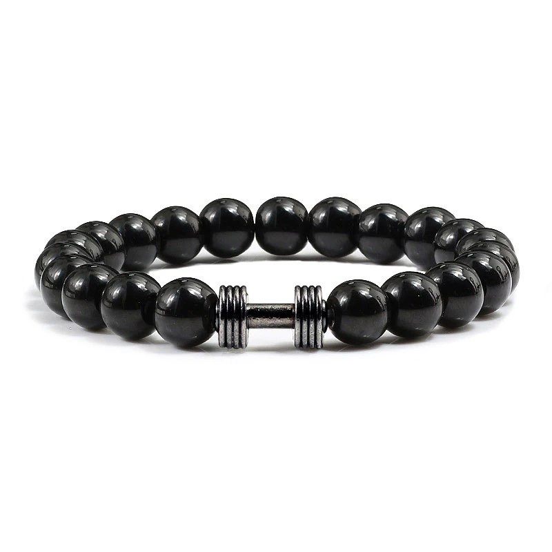 1 шт. модный натуральный камень браслет для мужчин Fit Life Matte Black Stones браслет с гантелей фитнес мотивация тренажерный зал Ювелирные изделия Подарки Femme - Окраска металла: gun black Small