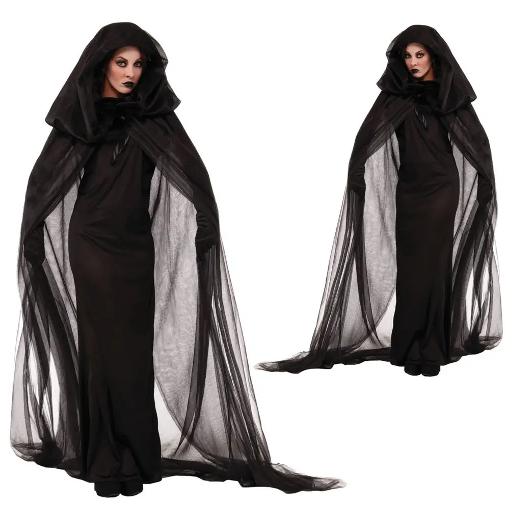 

M-XXL Adult Black Evil Witch Costume Female Cosplay Costume Halloween Wandering Soul Gothic Witch Long Dress