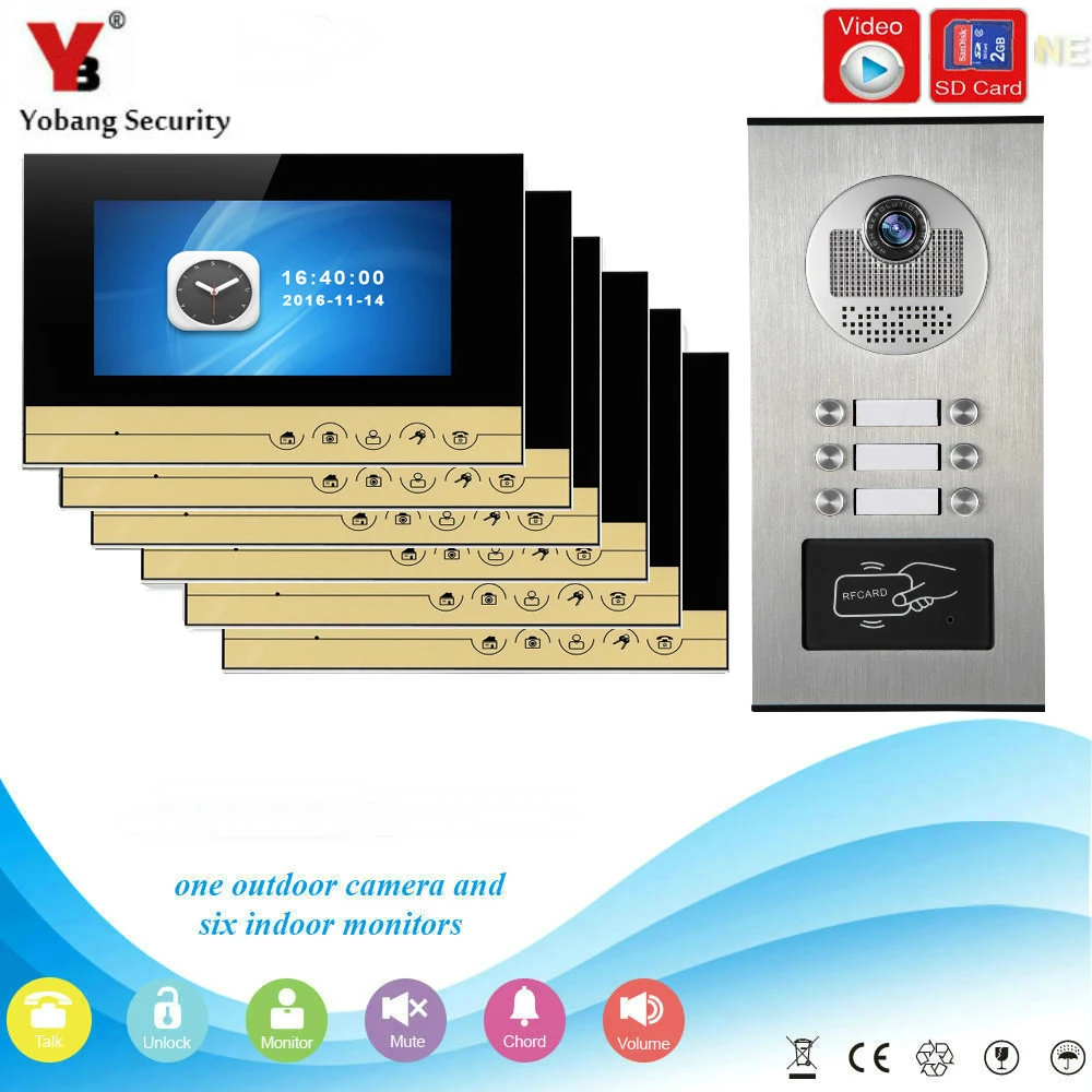 

YobangSecurity Video Intercom 7 inch Monitor Video Door Phone Intercom System RFID Access With Video Recording for 6 Apartment