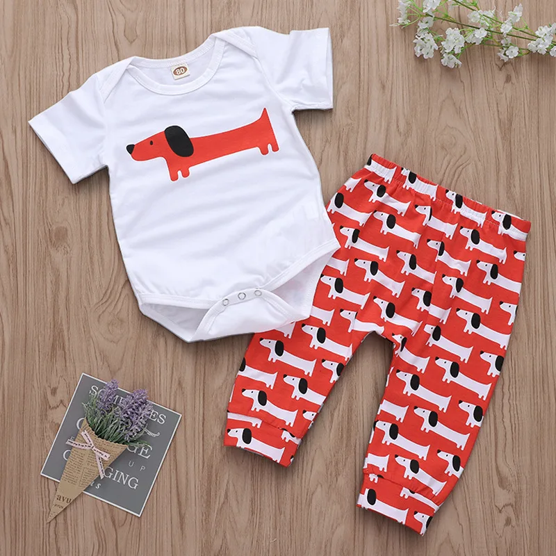 Baby Boy 2 Pcs Set Cute Dog Print Toddler Pant Sets Short Sleeve White Bodysuit + Red Pants Baby Boy Outfit Dropshipping