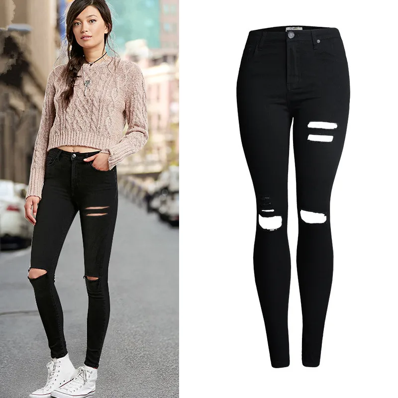 Black Jeans Women Fashion Knee Ripped Hole Skinny Pencil jeans Full