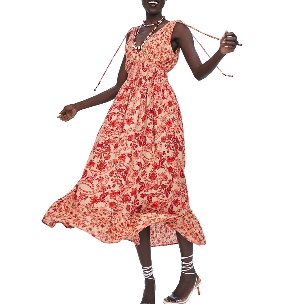 

2019 za summer Women cotton flroal printed maxi dress za loose pleated dresses vestidos print Women Clothing vestidos