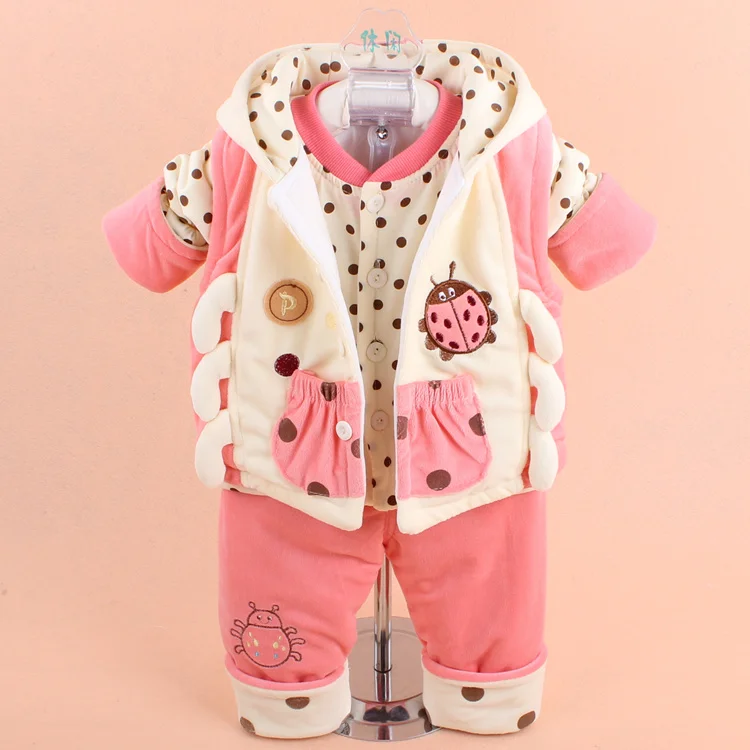

2018 Fall Winter Baby Infant Kid 3 Pcs Set Little Girls & Boys Cute Splicing Thick Vest Coat + Tops + Pant Newborn Clothing G680