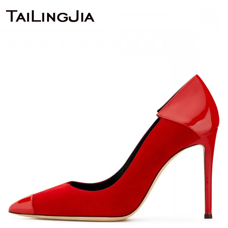 

Pointed Toe 12CM Low Heel Red Women Pumps Sky High Heel Wedding Bridal Shoes Red Faux Suede Patent Leather Slip On Free Shipping