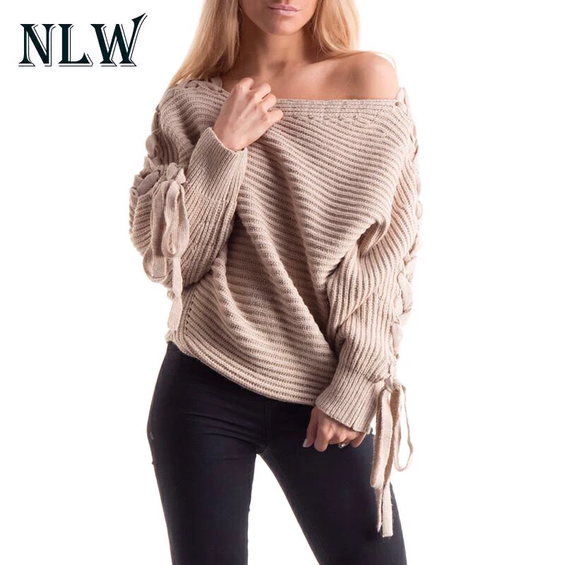

NLW Fashion Lace Up Long Sleeve Women Sweaters Pink Casual Knitted Pullovers Jumper 2017 Autumn Winter Grey O-Neck Sexy Sweater