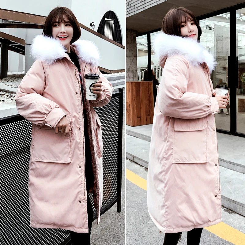 Корейский стиль, женская зимняя куртка с меховым воротником, с капюшоном, длинное женское пальто высокого качества, Теплая стеганая верхняя одежда, Зимняя парка