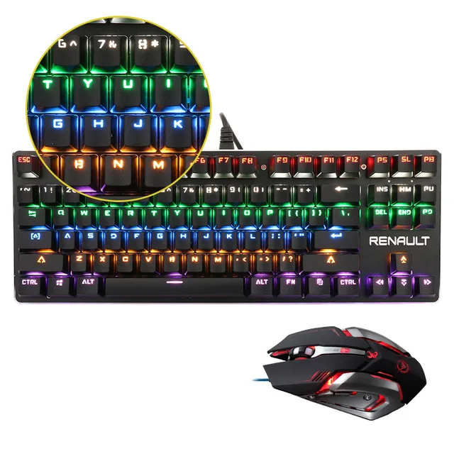 Механическая клавиатура RENAULT, цветной синий переключатель с подсветкой, 87/104 клавиш, светодиодный, профессиональная игровая клавиатура, русская наклейка - Цвет: 87 keyboard mouse