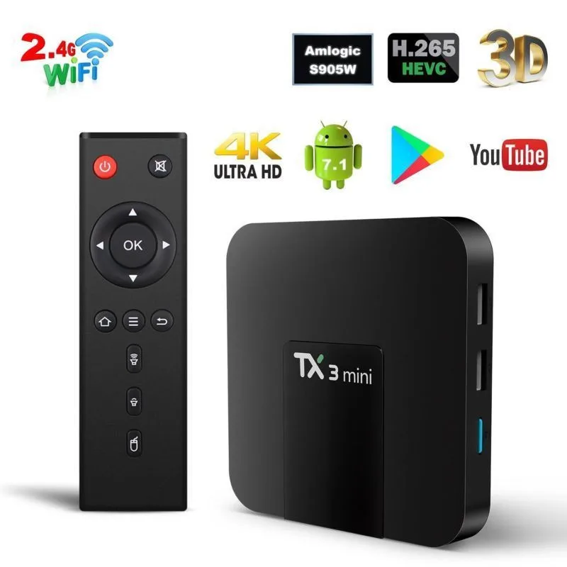 TX3 Мини Android 7,1 4 К Smart Home Media Player ТВ коробка S905W 4 ядра 1 ГБ 8 ГБ Wi-Fi 2,4 г TX3 мини Декодер каналов кабельного телевидения Android Коробки