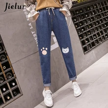 Jielur свободные женские джинсы больших размеров с завышенной талией шикарные милые джинсовые штаны с принтом кота для леди модные синие джинсы женские