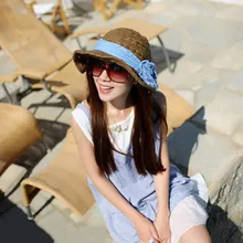 Женская соломенная шляпа с широкими полями тканевые ручки солнцезащитный пляжный Защитный колпачок для лета NGD88