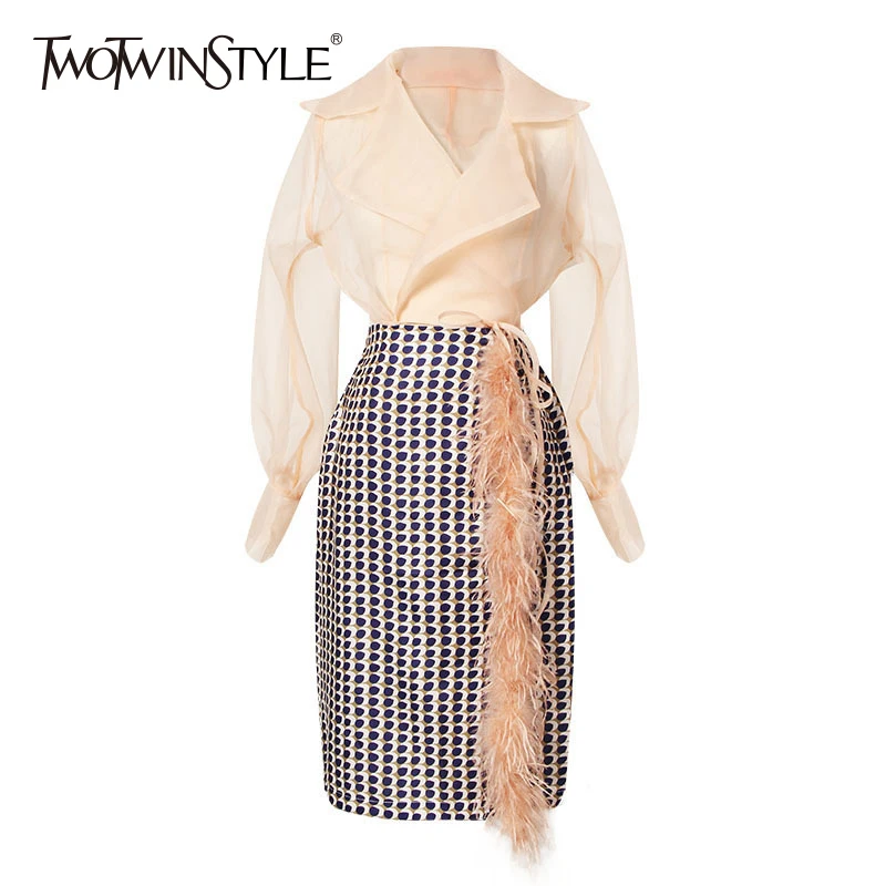 

TWOTWINSTYLE Women Skirt Suits Chiffon Lantern Sleeve Lace Up Shirt With Geometric Feather Patchwork Midi Skirts Elegant Clothes