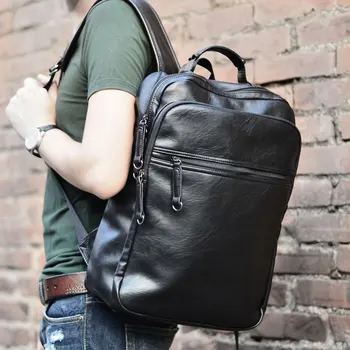 

Large Capacity Cool Black Leather Men Backpack Promotion Solid Black Mens Laptop Backpack Leather Backpack mochila