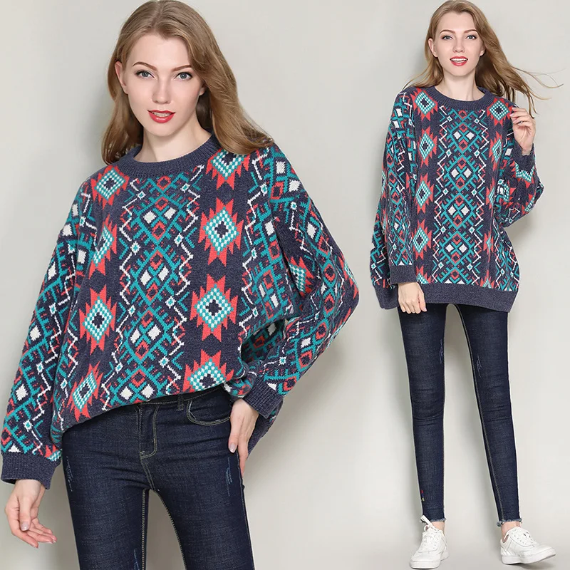 Loose Print Lurex Autumn Winter Sweater Women Long Sleeve Pullover Women Basic Sweaters Women 2018 Europe Style Knit Tops Femme