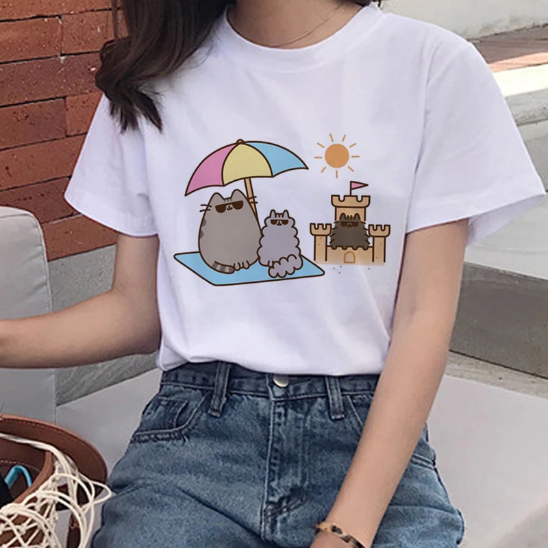 Kawaii Pusheen Cat, женские футболки, Harajuku Ullzang, забавная футболка, 90 s, мультяшный принт, футболка, графический корейский стиль, женские футболки - Цвет: 5532