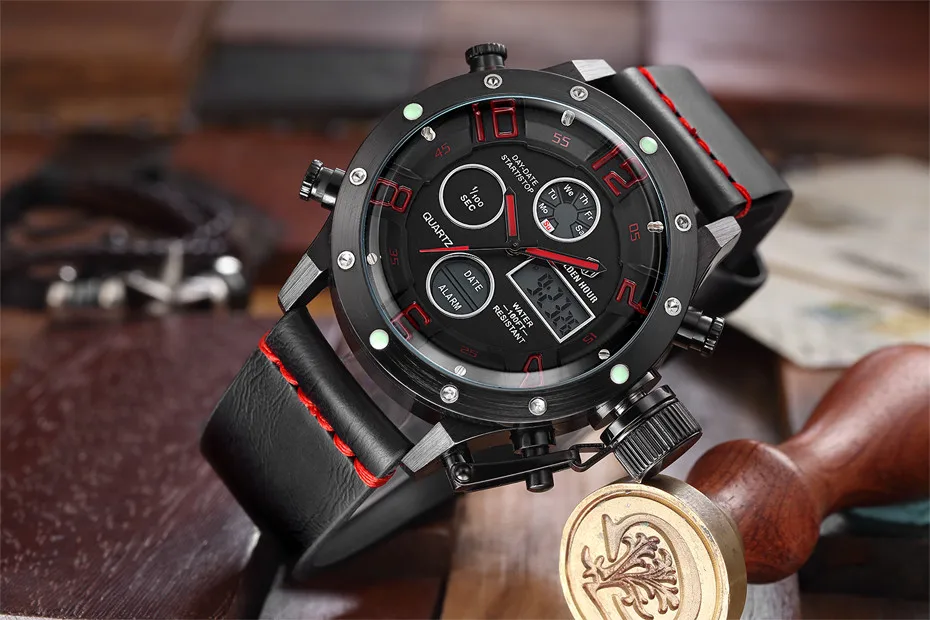 Люксовый бренд, Водонепроницаемые кожаные кварцевые аналоговые часы для мужчин, цифровой светодиодный, армейские, военные, спортивные наручные часы, relogio masculino, подарок