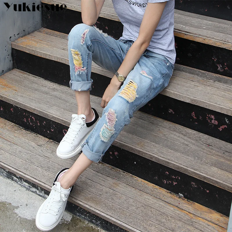 

High Waist Women Jeans Fashion Blue Ripped Jeans Feminina Ankle-length Sexy boyfriend loose Jeans Women Jeans Pantalon Femme