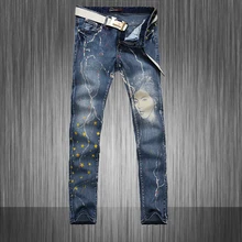 Fashion Men Jeans Flag Printing Stars And Striped Design Blue Stretch Cotton Slim Fit Straight Jeans