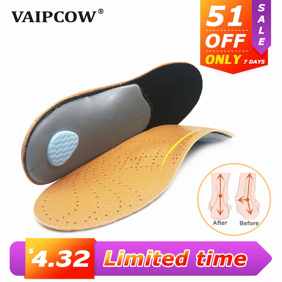 VAIPCOW High quality Leather orthotics Insole for Flat Foot Arch Support 25mm orthopedic Silicone Insoles for men and women