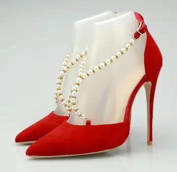 

real photo custom make woman cross pearls strap high heel red shoes pointed toe pearls beading high heel woman dress shoes red