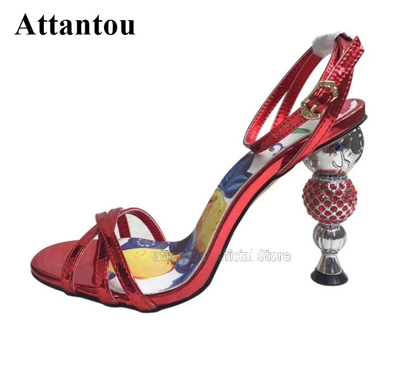 

Designer Jewelled Strange High Heel Gladiator Sandals Women Narrow Cross Band Ankle Strap Printed Flower Ball Heeled Sandals