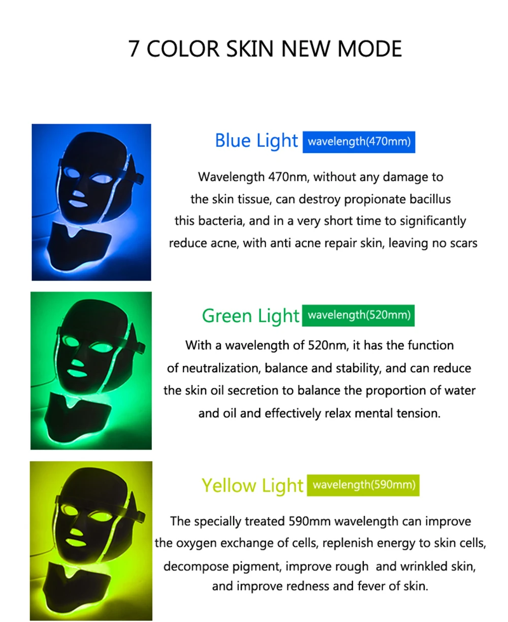 7 цветов светодиодный свет маска для лица с шеи Красота Инструмент лечение акне Осветление кожи лица Омоложение кожи Красная терапия светодиодным светом