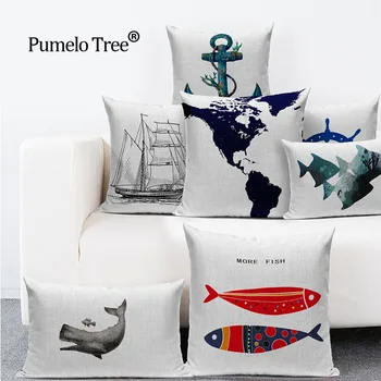 

Marine style Blue Sea fish Printed Cushion Cover Cotton Linen Boat Anchor Throw Cover Coral Map Decorative Car Chair Pillow Case