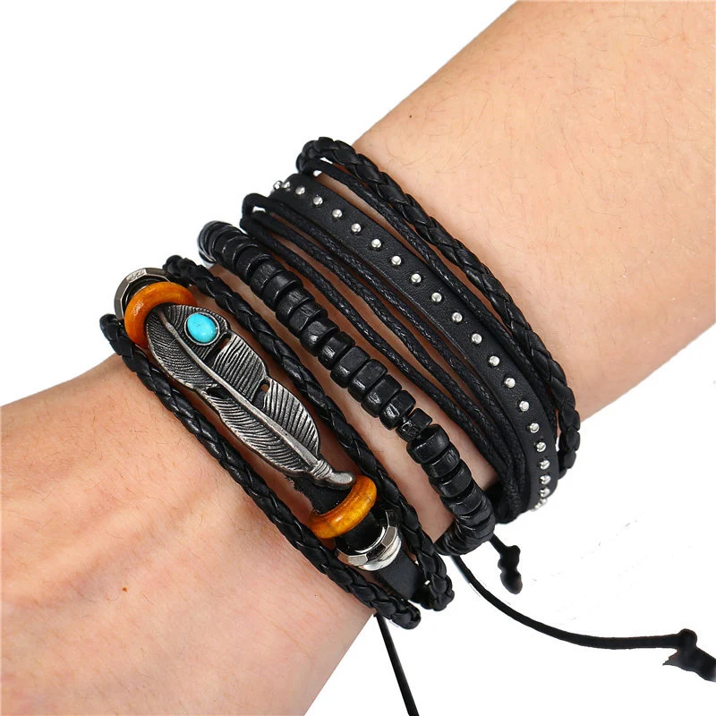 NIUYITID Handmade Feather Leaf Men's Bracelets For Men Multilayer Leather Accessories Male Braclet Friendship Jewelry  (8)