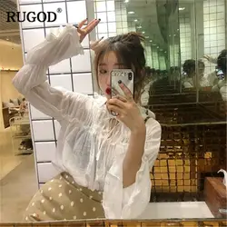 RUGOD белый для женщин блузки для малышек расклешенными рукавами плиссированные лук связали сладкий повседневное корейский стиль весн