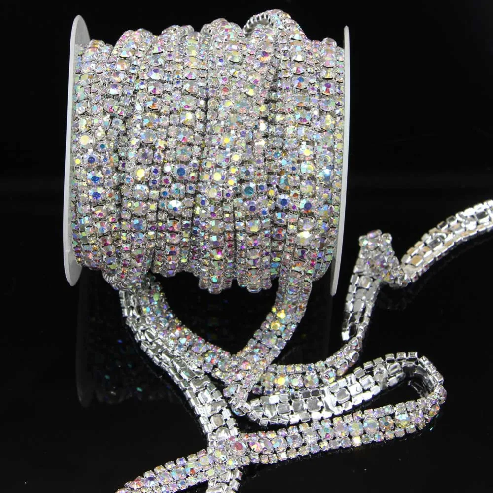 1 Yard 3 Rows Crystal AB Silver Tone Trim Silver Pretty Chain
