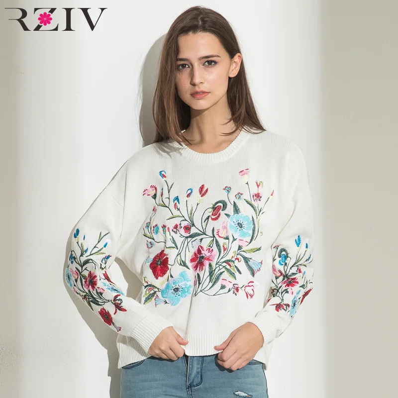 

RZIV oversized sweater women casual solid color flower embroidery and women sweaters and pullovers