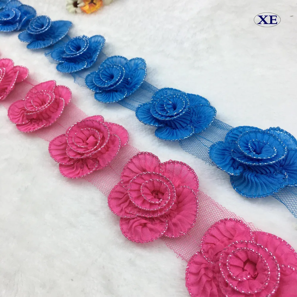 

10Yards Red Blue Handmade Pleated Three-Dimensional Floral Heart Lace Fabric DIY Chiffon Rose Trimming Appliques Accessories