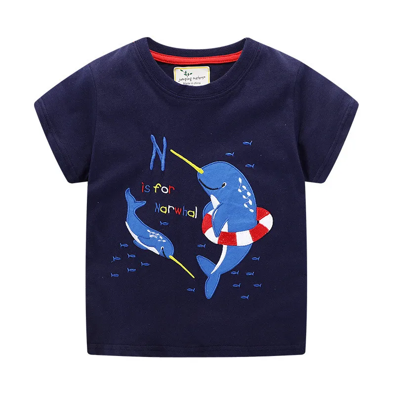 Jumping meter/Новые футболки с животными для маленьких мальчиков и девочек, летняя одежда Детские футболки из хлопка футболки с динозаврами для маленьких мальчиков