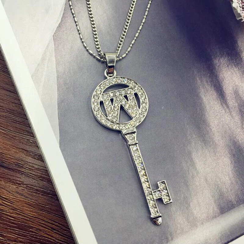 Classic Key Necklace Silver Crystal Key Wishing Long Necklace & Pendant
