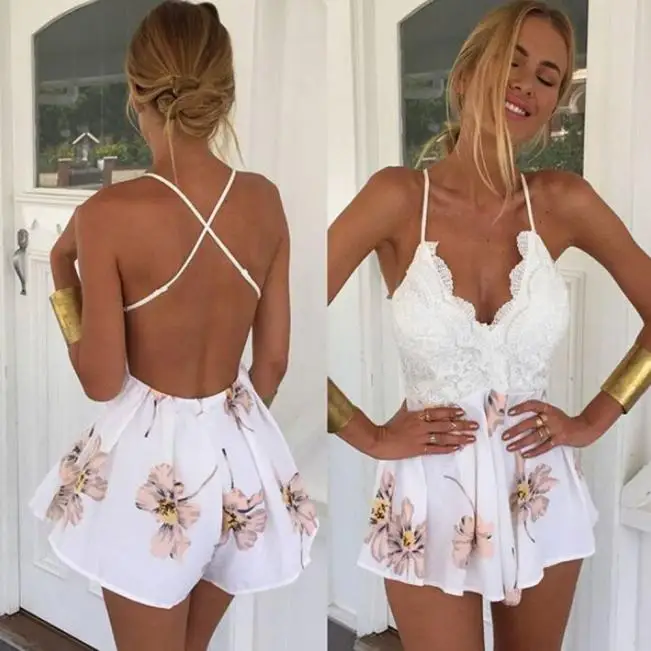 شحن النعامة الأزياء ارتداءها النساء الدانتيل الطباعة V الرقبة الشريط أكمام بذلة السروال القصير Playsuit ارتداءها النساء D0635