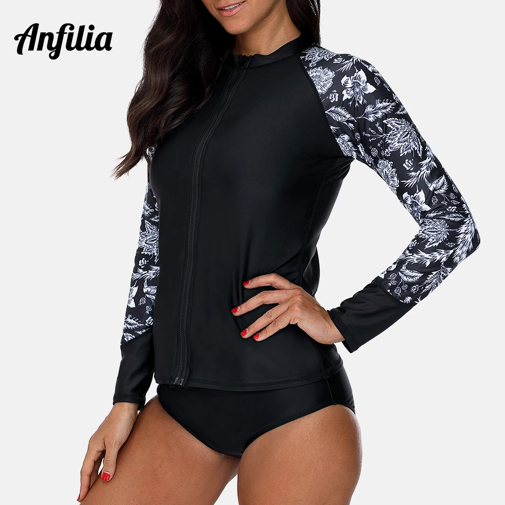 

Anfilia Women Long Sleeve Zipper Rashguard Shirt Swimsuit Retro Print Swimwear Surfing Top Diving Shirts Rash Guard UPF50+