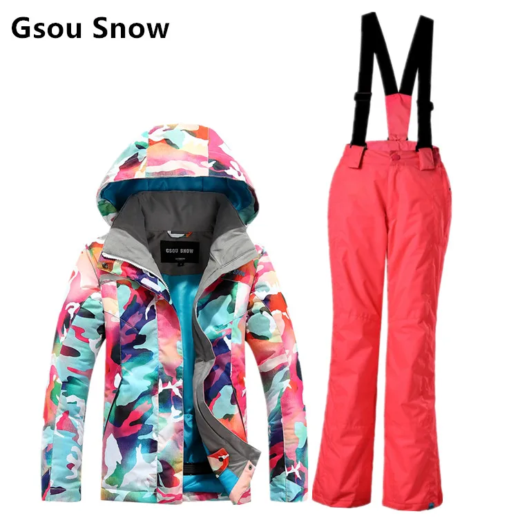 Gsou snow girl's ski suit child multicolour Camouflage ski jacket and